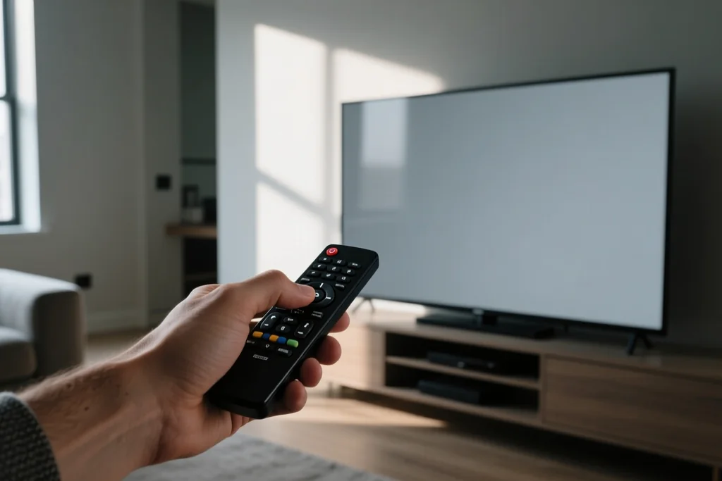 Streaming stick, remote and controller on a low shelf beneath a blank television