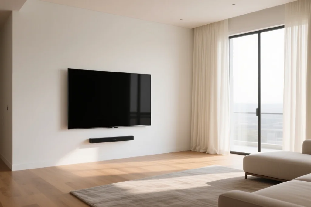Empty living room with a large screen mounted on a plain wall
