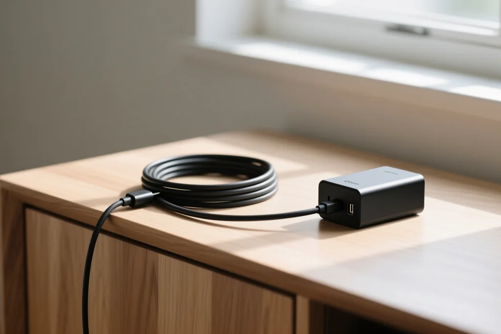 Charging cable and power brick on a pale wooden sideboard