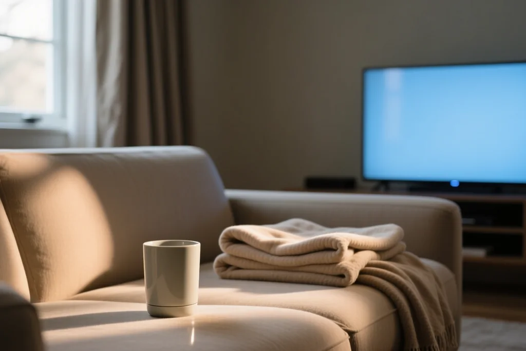 Television glowing in a dim bedroom with a blue abstract screen
