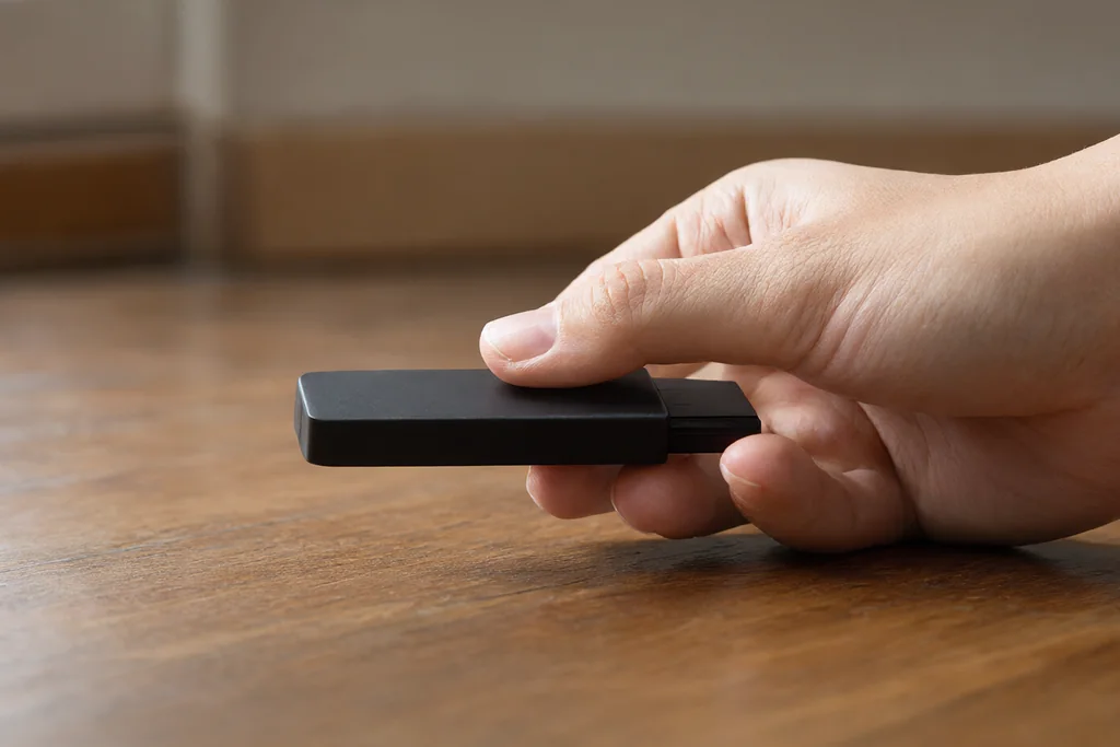 Streaming stick held above a wooden floor in warm indoor light