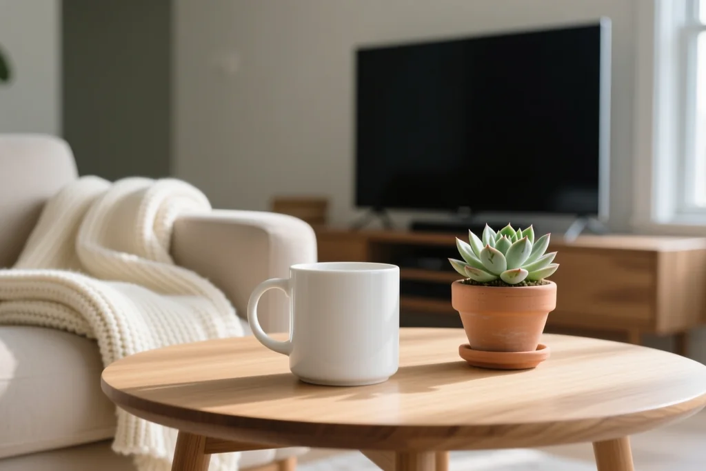 Slim remote control and a white cup on a glass coffee table