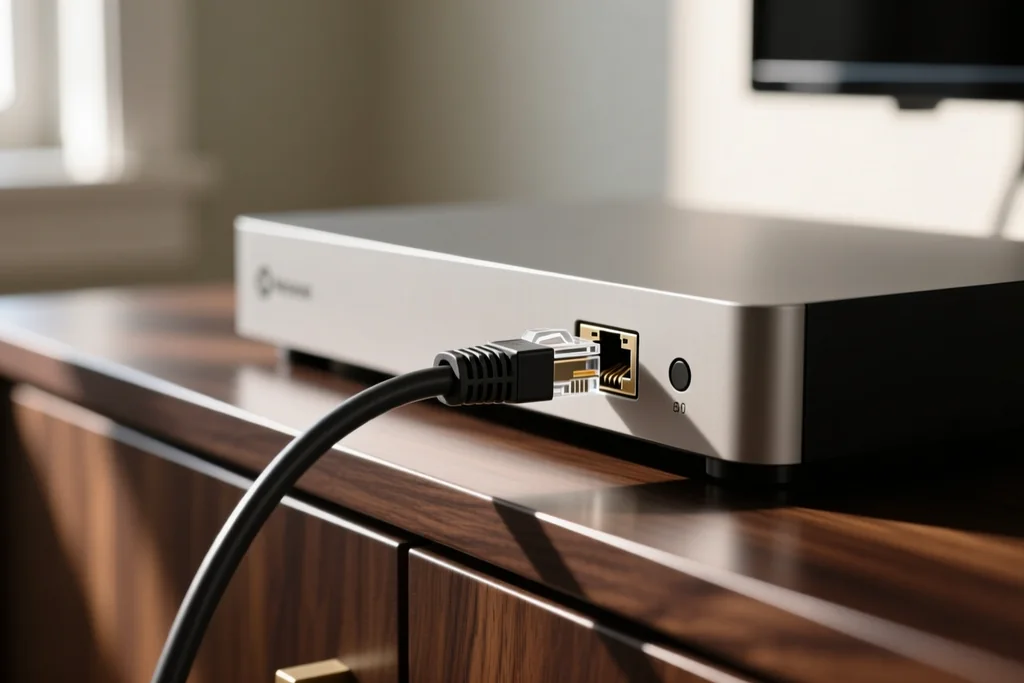 White wireless router on a wooden shelf with a coiled ethernet cable