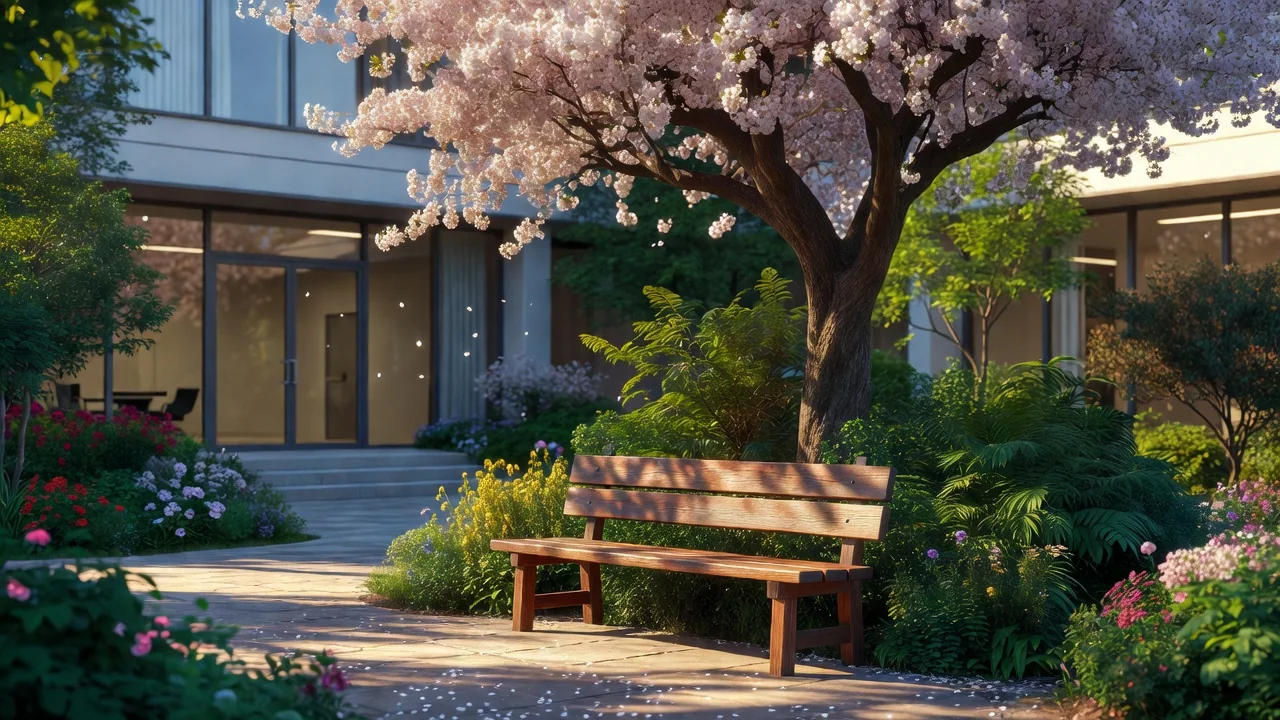 A quiet garden courtyard of a modern treatment clinic