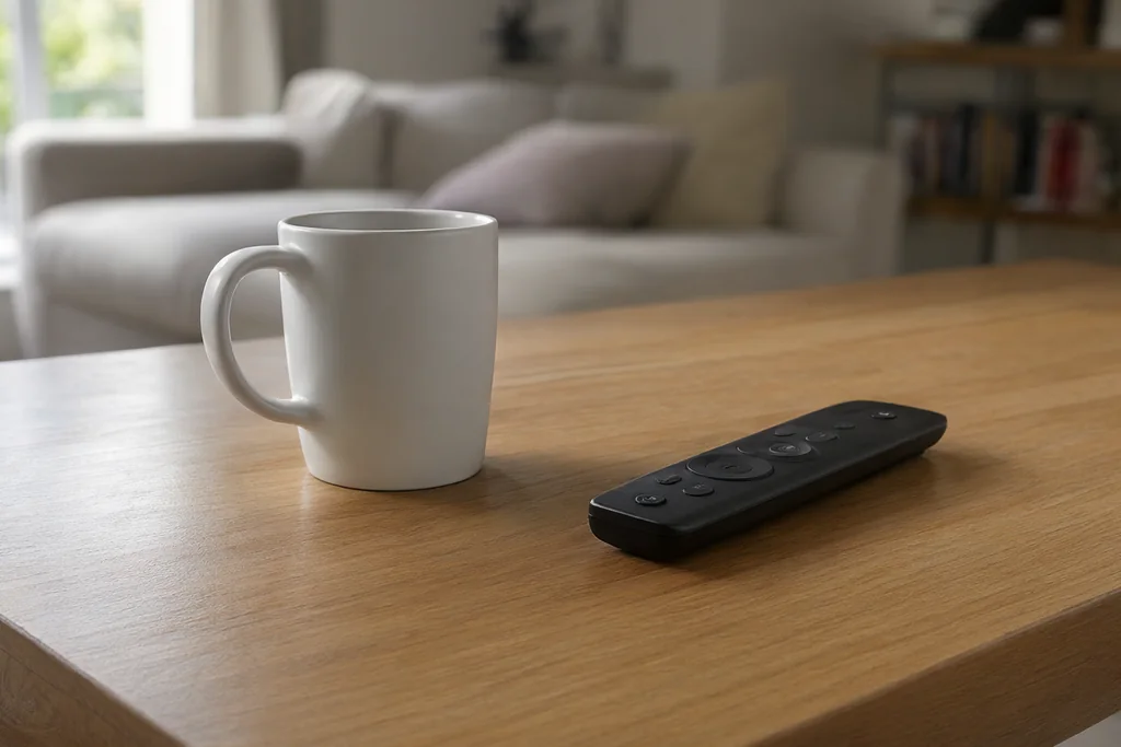 Black remote control on a coffee table in front of a blurred living room screen