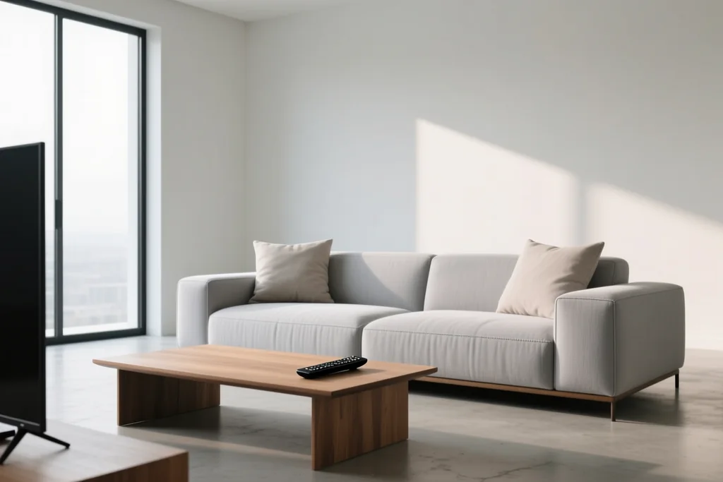 Two plain remotes side by side on a light grey sofa cushion