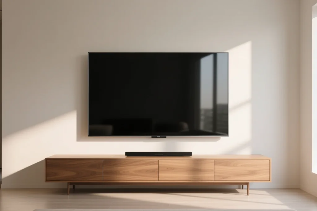 Large blank television on a wall above a low cabinet in a bright room