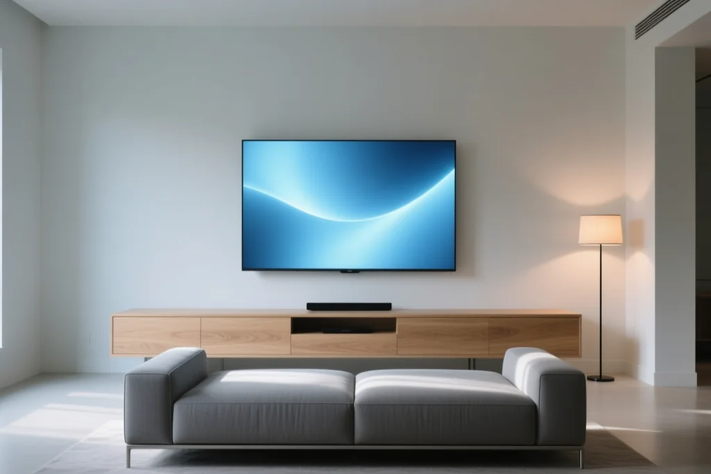 Streaming stick, remote and console controller on a low media shelf