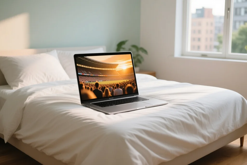 Laptop open on a bed with a blurred stadium crowd on screen