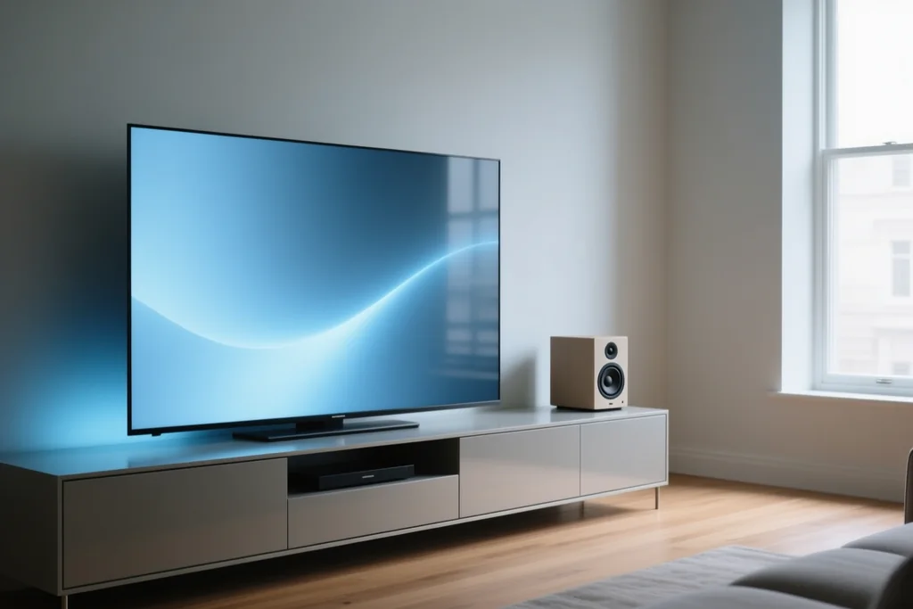 Large television on a media console in a dark room with no people