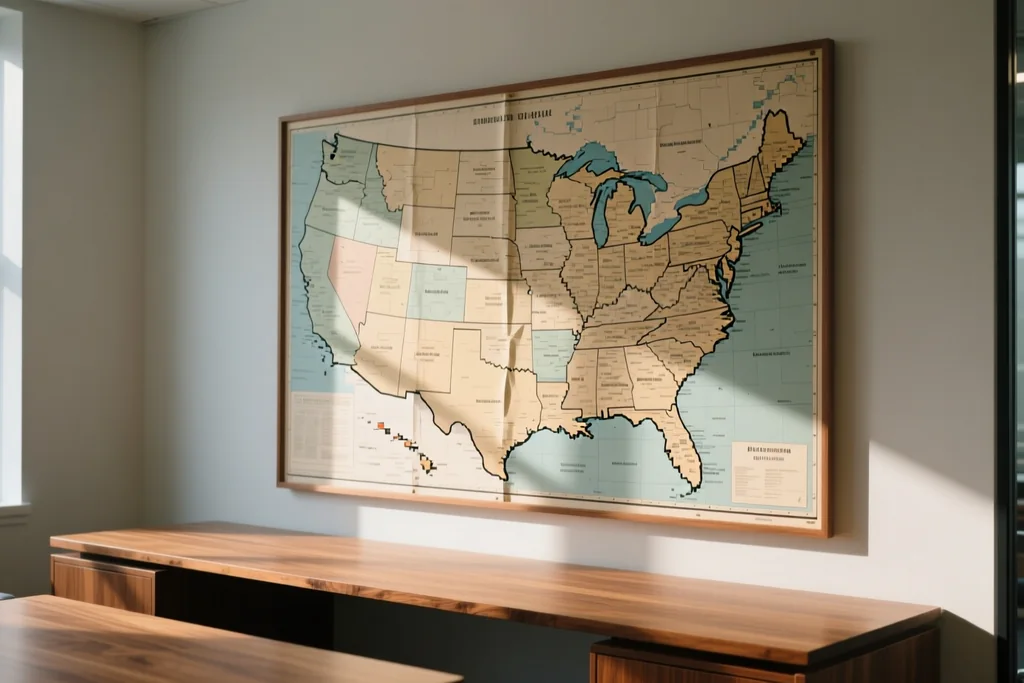 Wall map of the United States above a desk, no labels legible