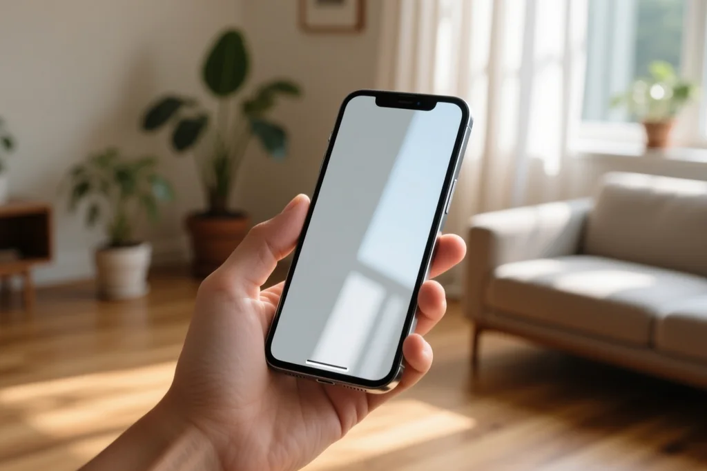 Hand holding a phone with a blank screen near a window