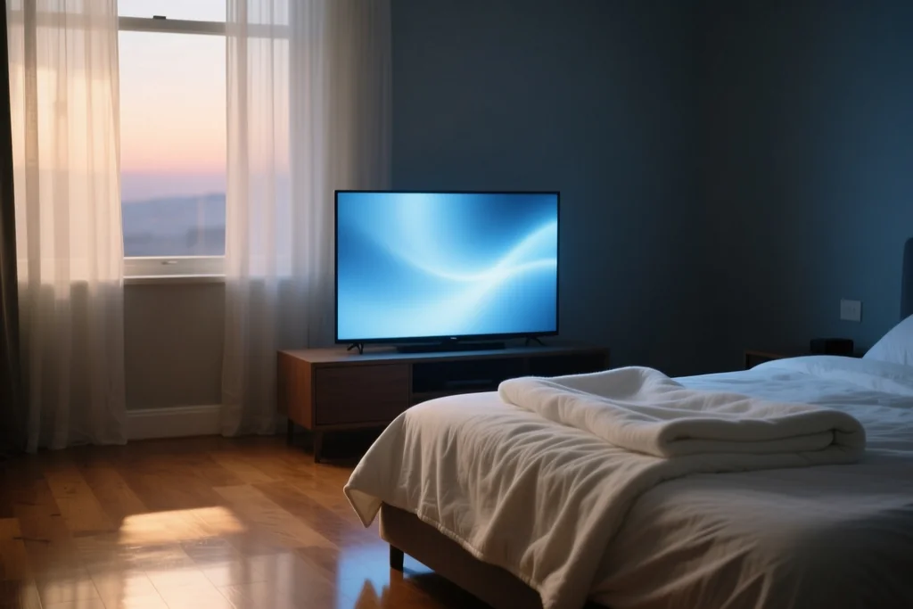 Television in a dim bedroom with a blurred blue screen