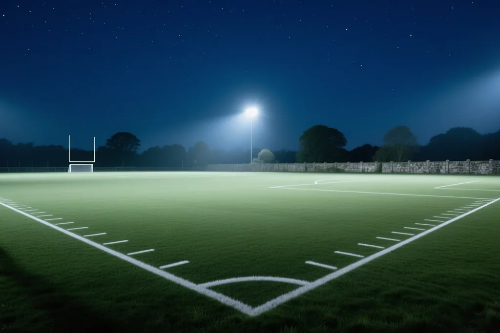 Floodlit empty pitch at night seen from the touchline