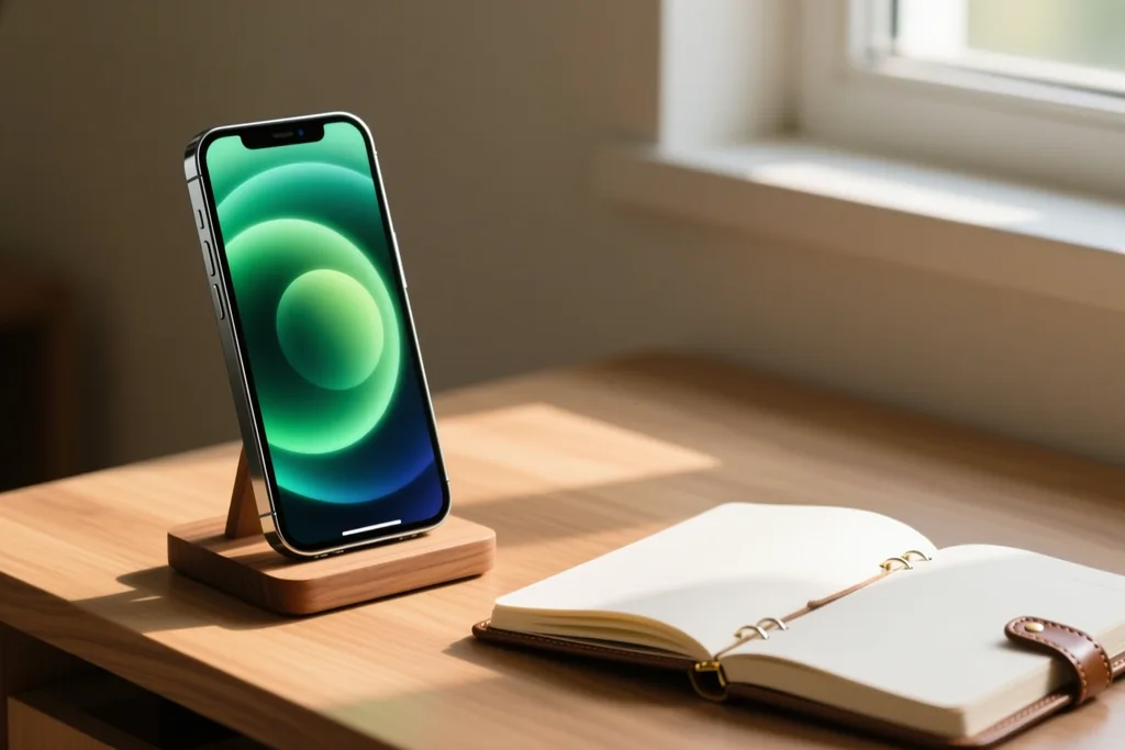 Phone propped on a stand on a desk with a blurred green field