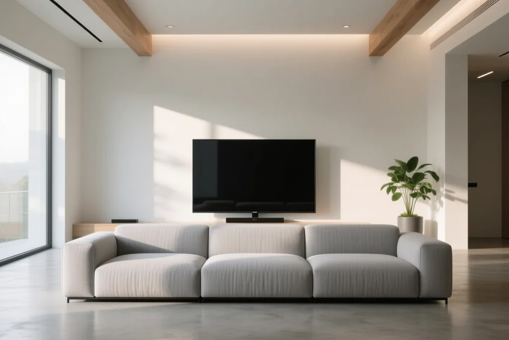 Sofa in a bright living room facing a large blank television