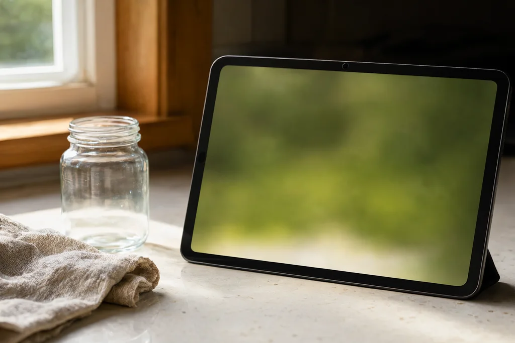 Tablet propped on a kitchen counter showing a blurred green pitch
