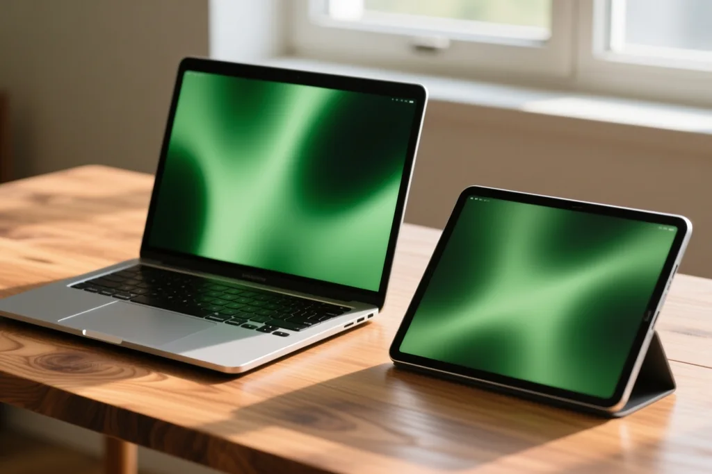 Two screens on a table showing the same blurred green field, one slightly behind