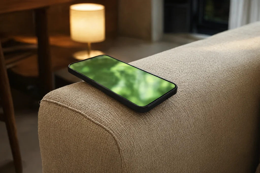 Phone on a sofa armrest showing a blurred green field