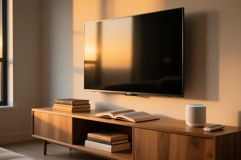Smart speaker and remote on a wooden shelf below a blank television