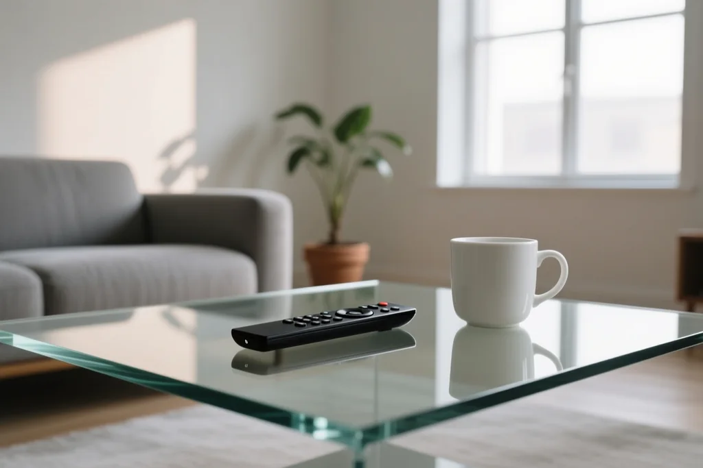 Streaming remote on a glass table beside a card and a cup