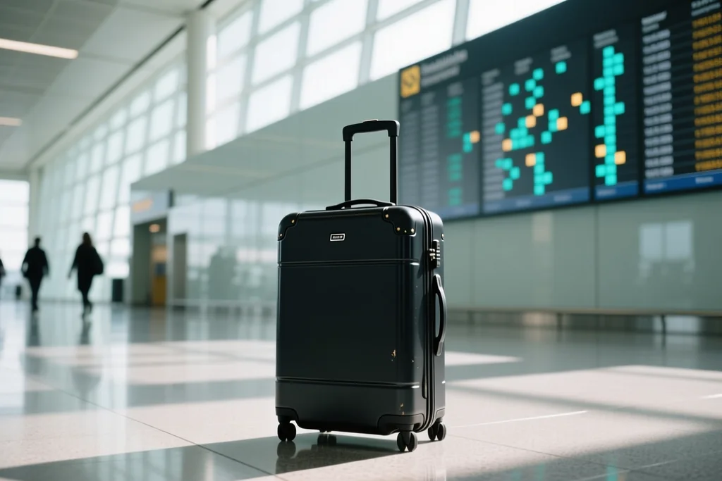 Airport departure board area with a plain suitcase, no legible text