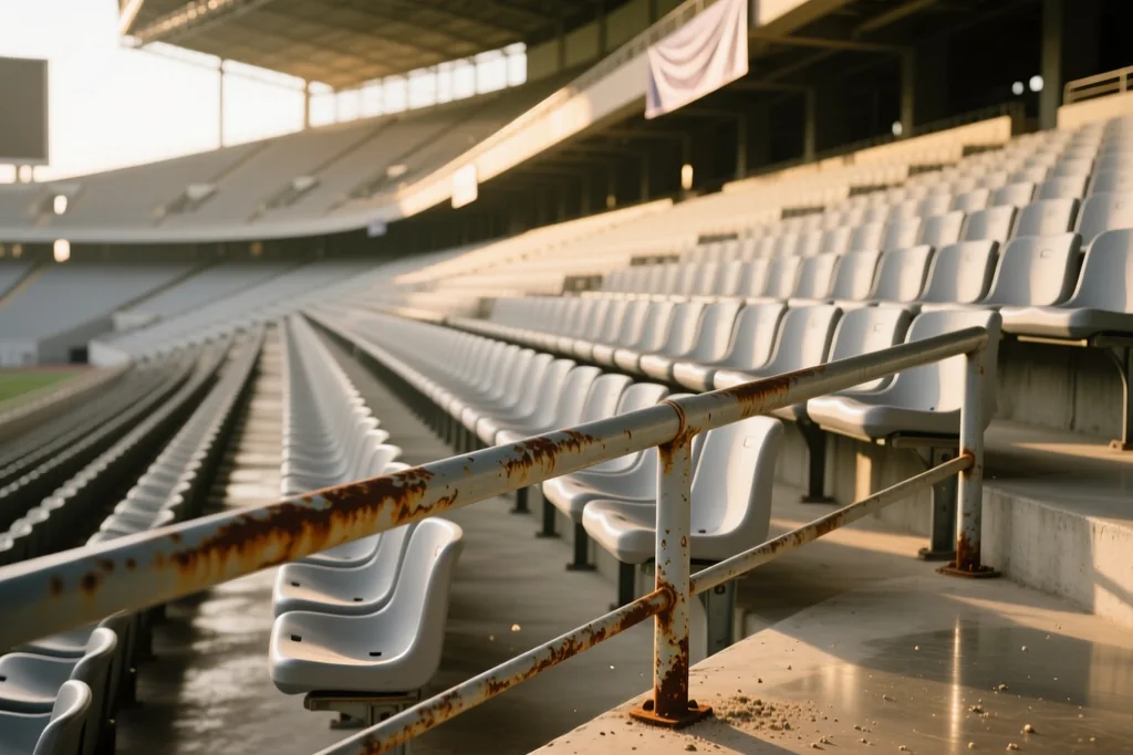 Empty stadium seats in grey rows with a pitch barrier in front