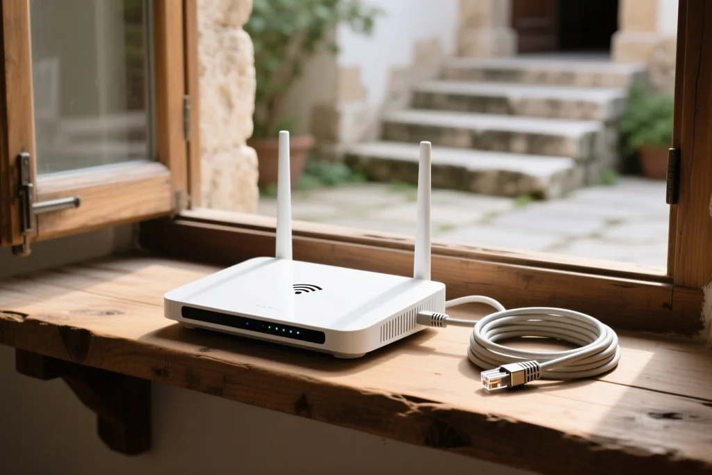 Wi-Fi router on a shelf with a coiled ethernet cable