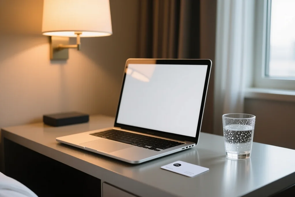 Laptop with a blank screen on a hotel desk beside a key card