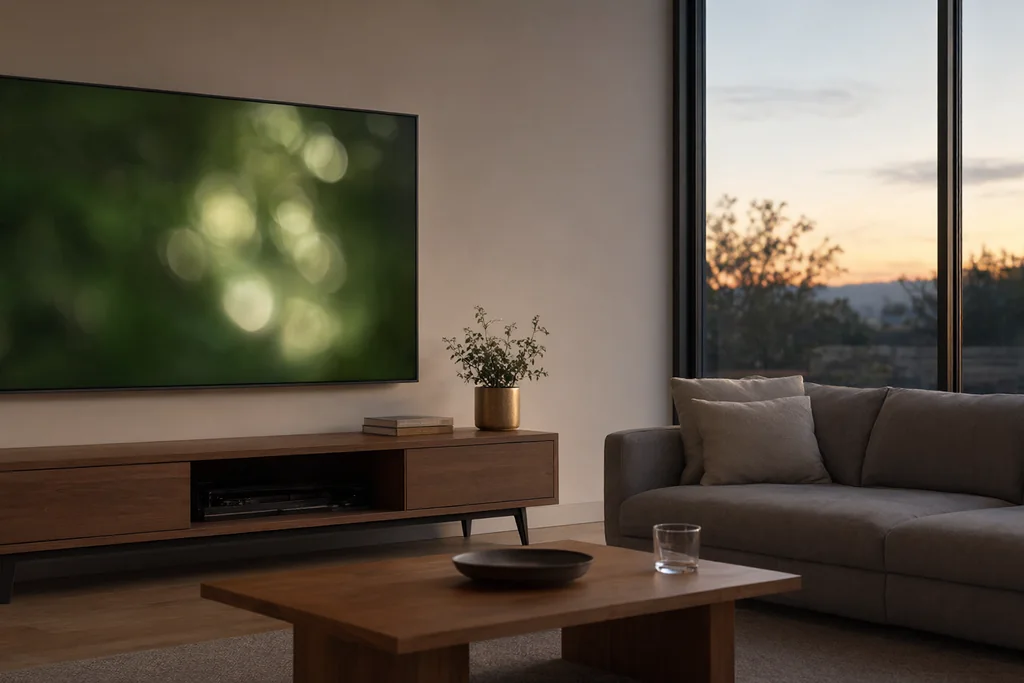 Living room at dusk with a large wall-mounted television, a sofa and no people