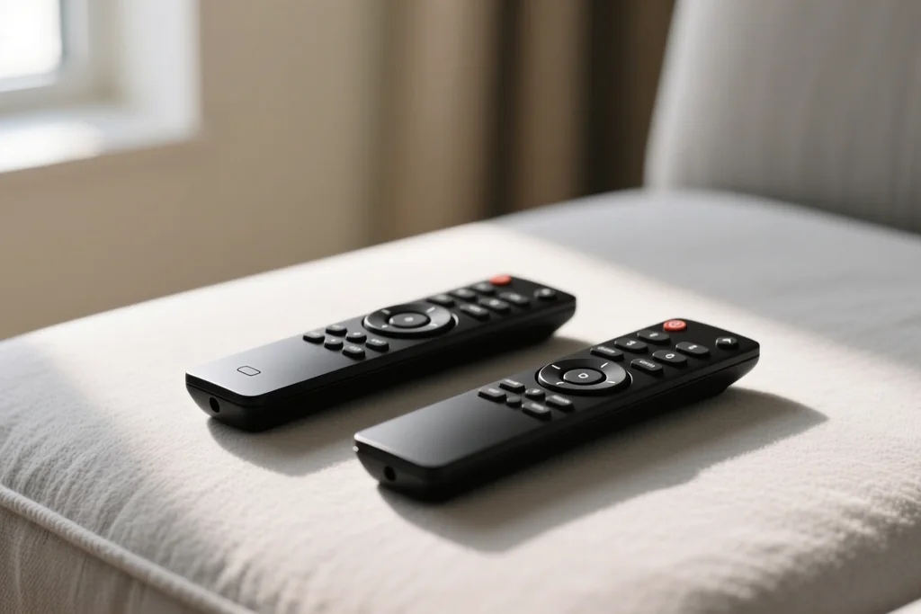 Two remote controls side by side on a sofa cushion